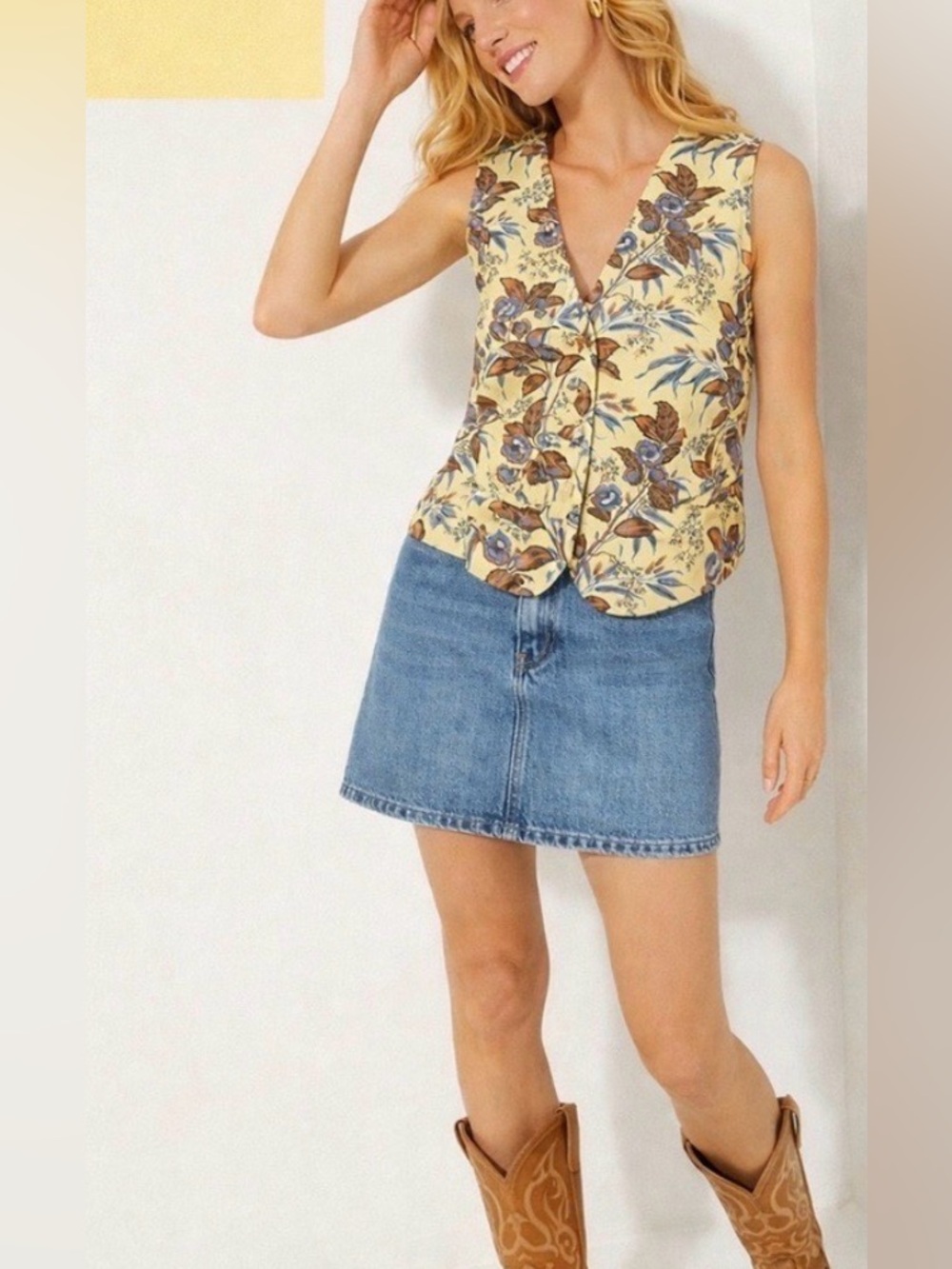 Tuckernuck‎ Montrose Chintz Martine Vest Small Floral Butter Yellow Preppy NWT